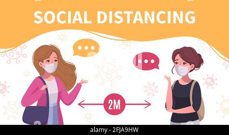 Social distancing infographic poster with two people in masks greeting ...