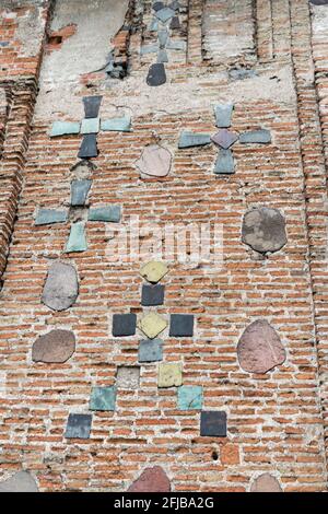 Grodno, Belarus - September 2, 2017: Stone and red brick wall texture, background of The Kalozha church of Sts. Boris and Gleb Stock Photo