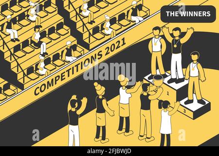Competition winner isometric composition with view of sports venue with audience and athletes on victory podium vector illustration Stock Vector