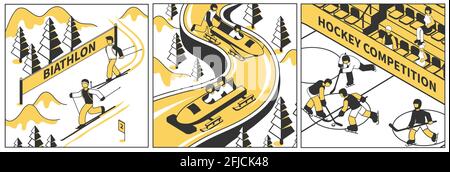 Sportsmen on winter hockey biathlon and bobsleigh competitions isometric compositions set isolated vector illustration Stock Vector