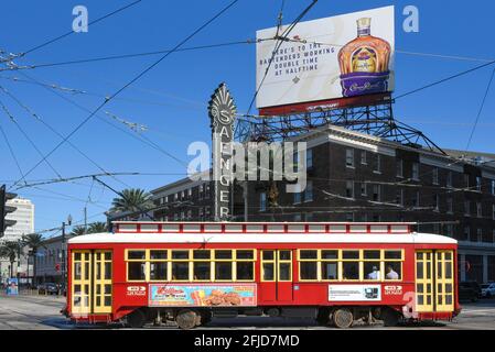 New Orleans, LA, USA - September 26, 2019: Streetcar drives by the Saenger Theatre, on Canal Street, which opened in 1927. Stock Photo