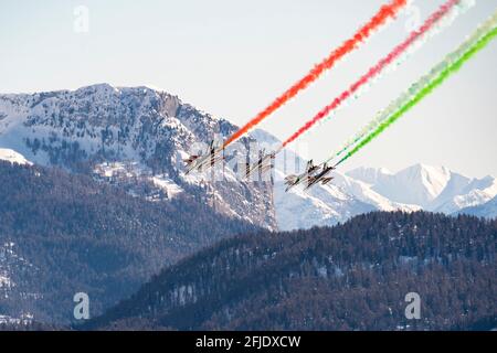 Cortina d'Ampezzo, Italy 14 February 2021: The Italian Air Force aerobatic unit Frecce Tricolori (Tricolor Arrows) performs during the FIS ALPINE WORL Stock Photo