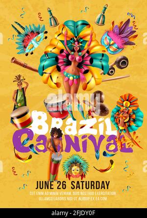 Brazil carnival invitation poster with dancers musicians masks traditional musical instruments on yellow background realistic vector illustration Stock Vector