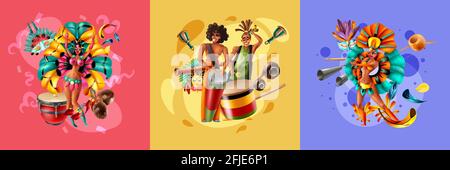 Realistic design concept with dressed up musicians and dancers of brazil carnival isolated on colorful background vector illustration Stock Vector