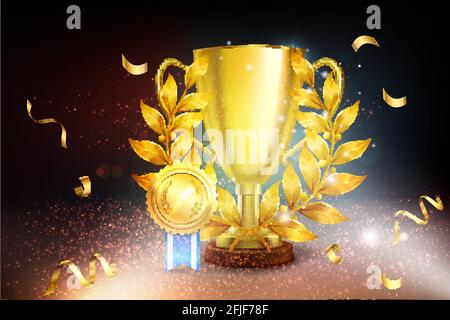 Realistic awards background with composition of festive confetti glowing lights with golden palm cup and medal vector illustration Stock Vector