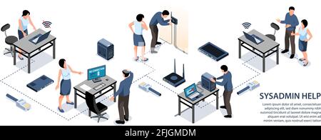 Sysadmin helping office worker fixing internet connection 3d isometric infographics vector illustration Stock Vector