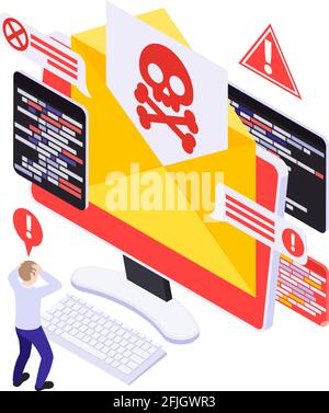 Cyber security isometric design concept with mailing envelope with email spyware and warning signs vector illustration Stock Vector