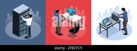 Male sysadmin working with computer hardware isometric design concept 3d isolated vector illustration Stock Vector