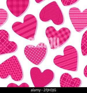 Hearts with the texture of cells, polka dots, fabrics. Seamless Pattern Girly Abstract Surface Design. Pink colored shapes isolated on white Stock Vector