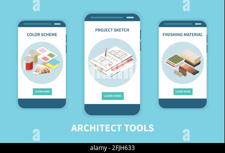 Architect set of three vertical banners with isometric images of projects materials and learn more buttons vector illustration Stock Vector
