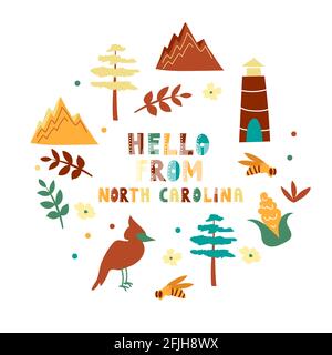 USA collection. Hello from North Carolina theme. State Symbols Stock Vector