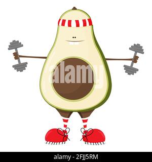 Avocado cartoon character doing exercises with dumbbells. Vector illustration isolated on background. Stock Vector