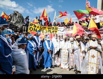 London UK 25 April 2021 More than  six thousands Ethiopian  from the region of Tigray marched trough the streets of London to demand a stop to the genocide  been ordered  by the Ethiopian primer Minster Abiy Ahmed Ali,  Religious liders prayed for Peace in the region.Paul Quezada-Neiman/Alamy Live News Stock Photo