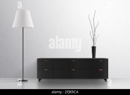 House lighting lamp interior realistic composition with designer furniture and vase with standing lamp and locker vector illustration Stock Vector