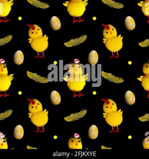 seamless pattern of yellow chicks with feathers isolated on a black background. High quality photo Stock Photo