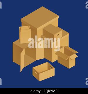 Isometric cardboard boxes composition with set of carton packages of different size with covers and holes vector illustration Stock Vector