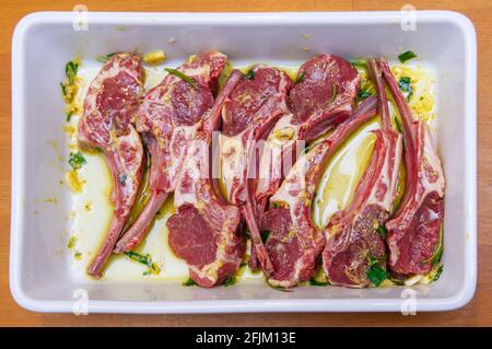raw marinated lamb chops Stock Photo