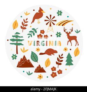 USA collection. Vector illustration of Virginia theme. State Symbols Stock Vector