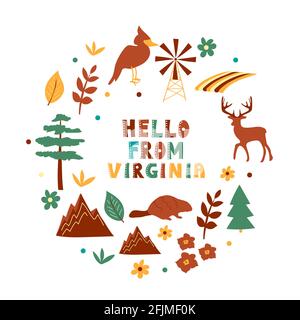 USA collection. Hello from Virginia theme. State Symbols Stock Vector