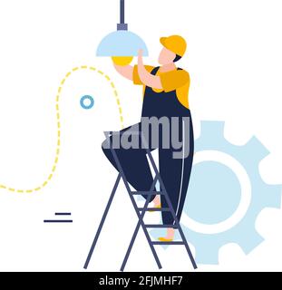 Electricity and lighting flat icons composition with character of electrician changing lamp bulb vector illustration Stock Vector