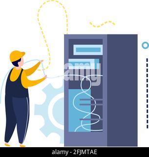 Electricity and lighting flat icons composition with character of electrician with wires and power cabinet vector illustration Stock Vector