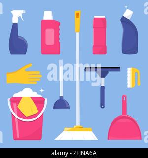 Cleaning tools and detergent for cleaning service web banner, poster design. Bucket, scoop, brush, washing powder, bottle of spray, sponge, glass scra Stock Vector