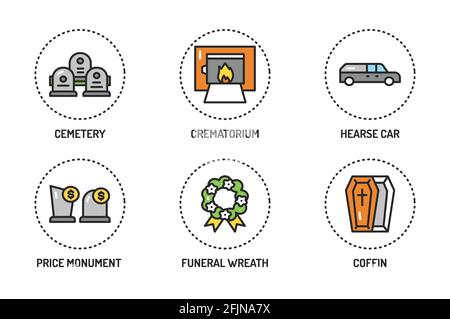 Funeral services color line icons set. Isolated vector element. Stock Vector