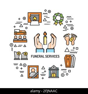 Funeral services web banner. Infographics with linear icons on white background. Creative idea concept. Isolated outline color illustration Stock Vector