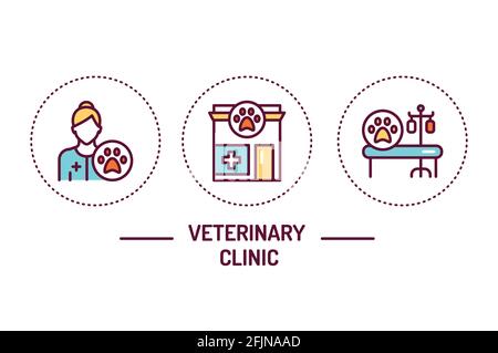 Veterinary clinic color line icons concept. Isolated vector element. Outline pictograms for web page, mobile app, promo. Stock Vector
