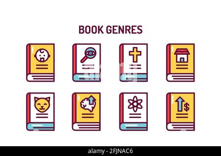 Genres of books color line icons set. Vector illustration. Stock Vector