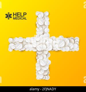 Bright medical care template with white remedies tablets and pills in cross shape on orange background vector illustration Stock Vector