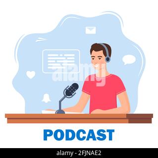 Man records a podcast in the studio. Men leading the broadcast on the radio station. Man in headphones speaks into a microphone in the studio. Broadca Stock Vector