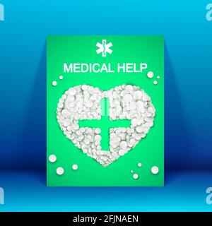 Medical help green brochure with white pills drugs tablets in heart shape on blue background vector illustration Stock Vector