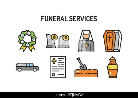Funeral services color line icons set. Isolated vector element. Stock Vector