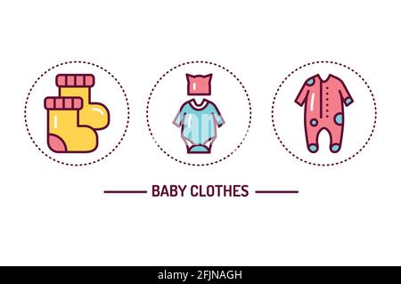 Baby clothes color line icons concept. Isolated vector element. Outline pictograms for web page, mobile app, promo. Stock Vector
