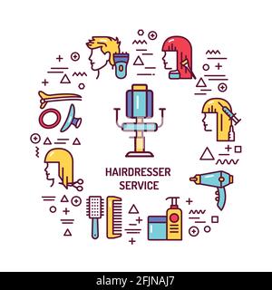 Hairdresser service web banner. Infographics with linear icons on white background. Creative idea concept. Isolated outline color illustration Stock Vector