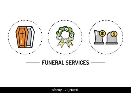 Funeral services color line icons concept. Isolated vector element Stock Vector