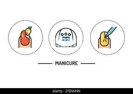 Manicure procedures color line icons concept. Isolated vector element. Outline pictograms for web page, mobile app, promo. Stock Vector