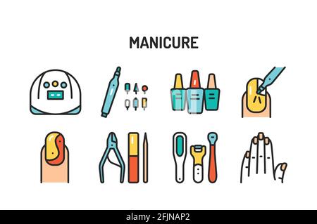 Manicure and pedicure procedures color line icons set. Isolated vector element. Outline pictograms for web page, mobile app, promo. Stock Vector