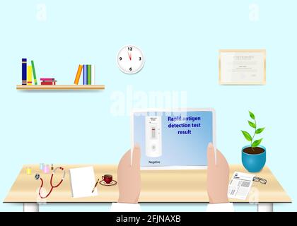 Doctor is reading about rapid antigen tests in tablet. Stock Vector