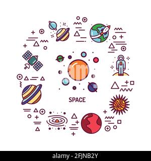 Space web banner. Infographics with linear icons on white background. Creative idea concept. Isolated outline color illustration. Stock Vector
