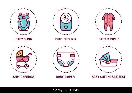 Kids products color line icons set. Isolated vector element. Outline pictograms for web page, mobile app, promo. Stock Vector