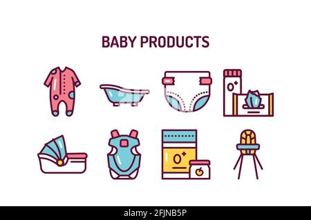 Kids products color line icons set. Isolated vector element. Outline pictograms for web page, mobile app, promo. Stock Vector