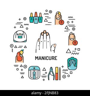 Manicure web banner. Infographics with linear icons on white background. Creative idea concept. Isolated outline color illustration Stock Vector