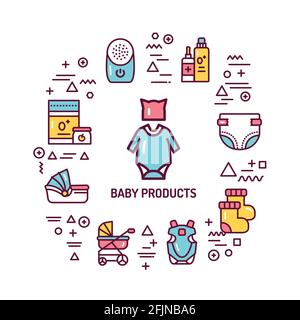 Baby products web banner. Infographics with linear icons on white background. Creative idea concept. Isolated outline color illustration Stock Vector