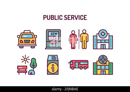 Public services color line icons set. Isolated vector element. Outline pictograms for web page, mobile app, promo. Stock Vector