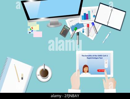 Top view of doctor is reading benefits of rapid tests in tablet. Horizontally. Stock Vector