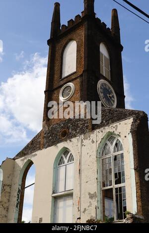 Ruins of St. Andrew's Presbyterian Church Tower in St. George's Town on the Caribbean Island of Grenada. Stock Photo