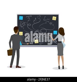 Businessman and businesswoman characters back view,Business signs and color stickers on blackboard,Business idea concept,isolated on white background, Stock Vector