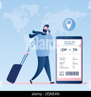 Male hipster traveller with suitcase and smartphone,online check-in,Airline boarding pass ticket with barcode code on mobile phone screen,Vector illus Stock Vector